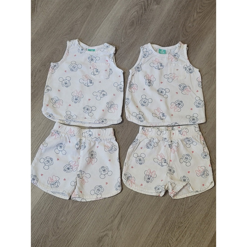 (2 Sets) Disney Baby Girl 12M Minnie Mouse Tank Top & Shorts Linen TWINS Outfit